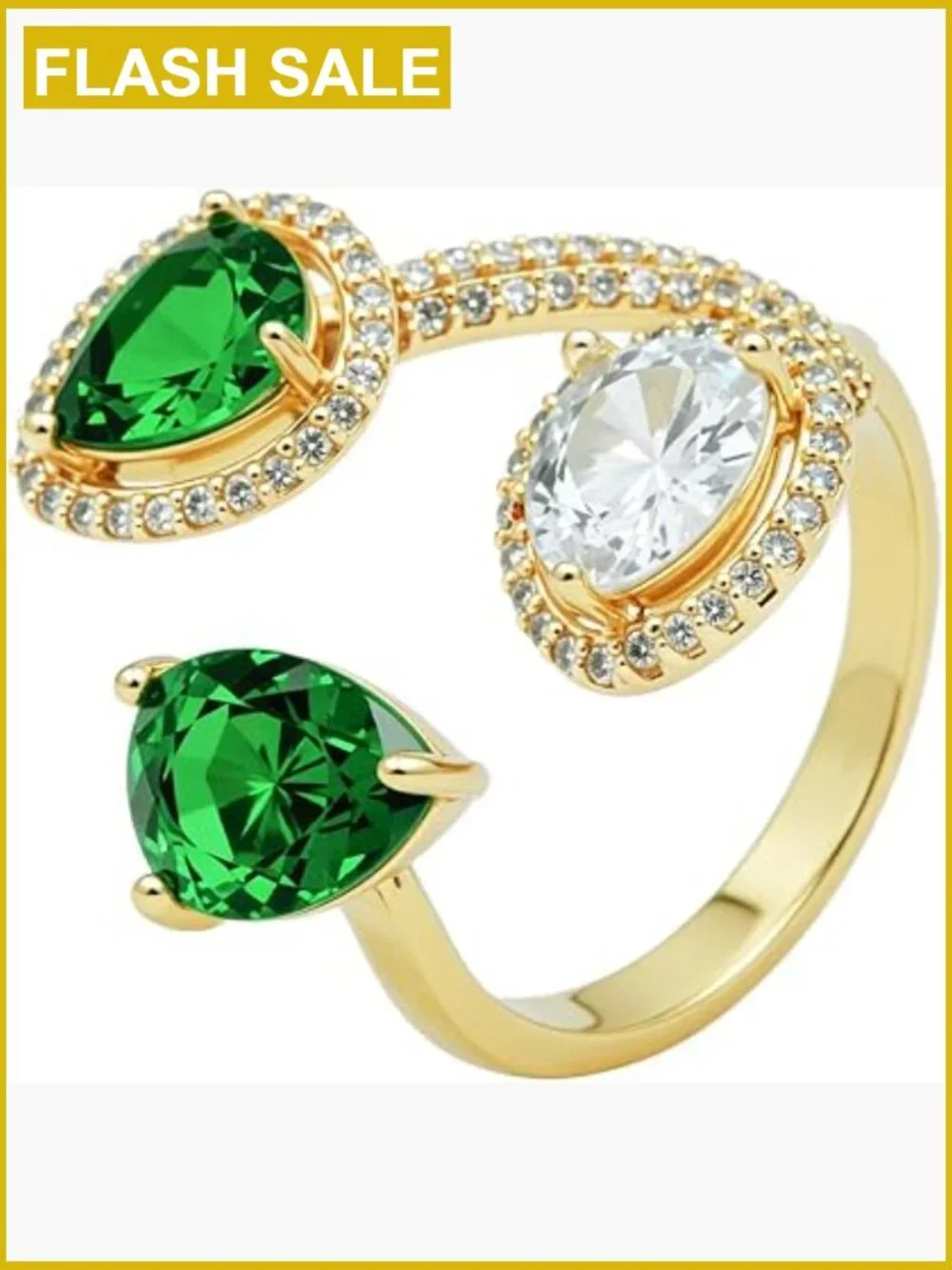 18K Gold Plated Pear-Shaped Statement Ring, Adjustable CZ Ring, Non-Tarnish